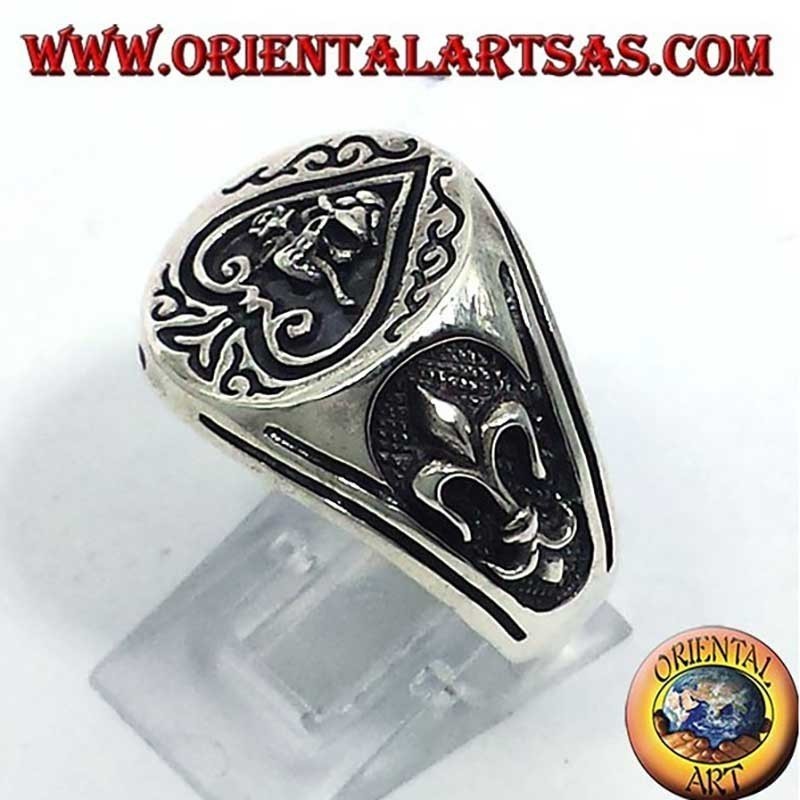 Pik-Ass Totenkopf Rose Lilie Hochrelief Gebürstet 925 Silber Ring