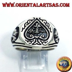 Anello Asso Picche Teschio Rosa Giglio Altorilievo Brunito 925 - Gioiello Gotico Oriental Art