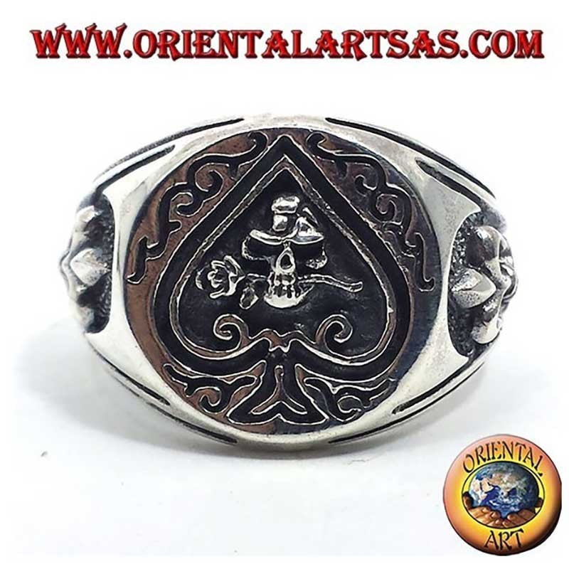 Ace Spades Skull Rose Lily High Relief Burnished 925 Silver Ring