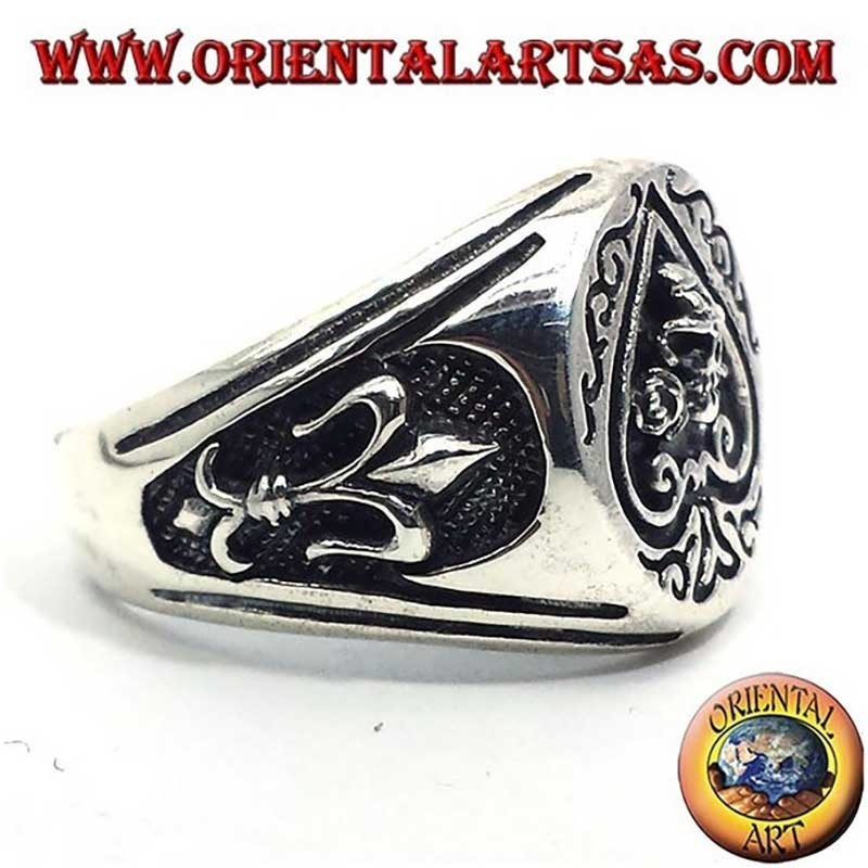 Pik-Ass Totenkopf Rose Lilie Hochrelief Gebürstet 925 Silber Ring