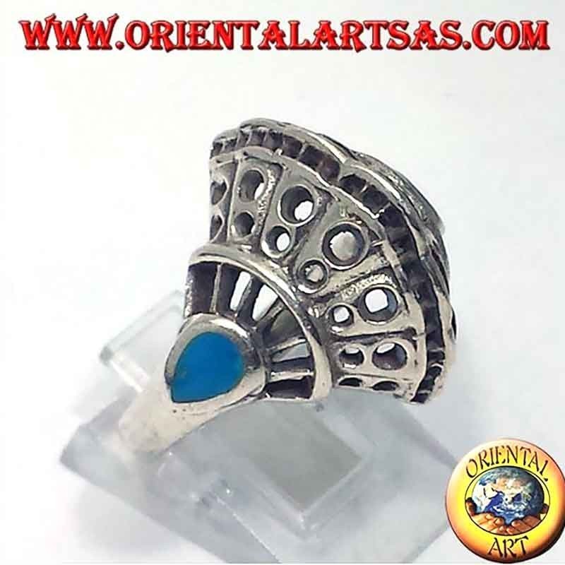 Openwork Shell Shape Turquoise Drops Ring 925 Silver - Marine Jewelry Oriental Art