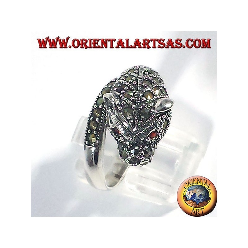 Anello d'argento Tigre con marcasite ed occhi di rubino