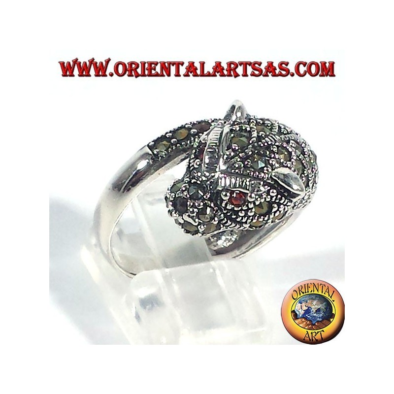 silver ring, tiger with marcasite and ruby eyes