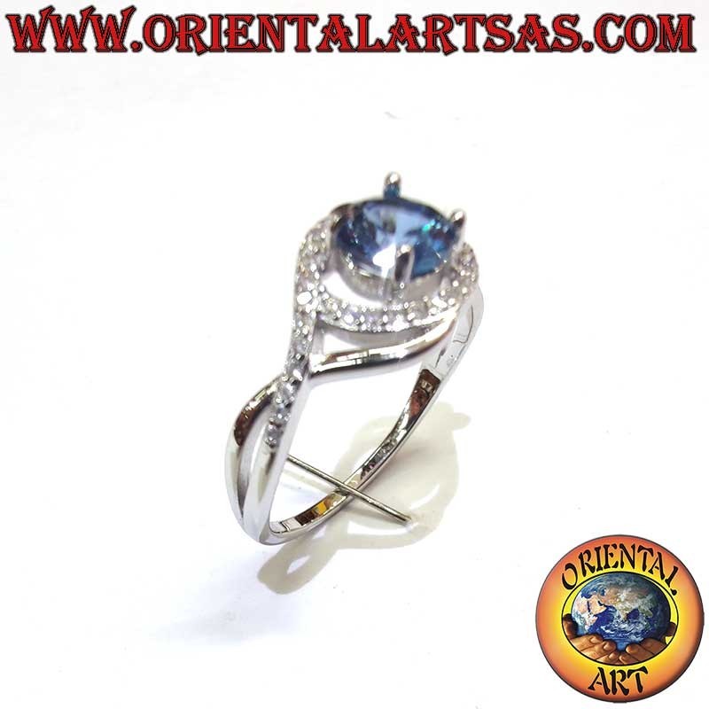 Silver Ring with Round Sapphire and Asymmetrical Zirconia Outline