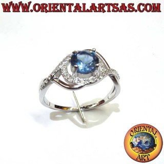Synthetischer Runder Saphir Asymmetrische Zirkone Ring 925 Silber - Moderner Schmuck Oriental Art