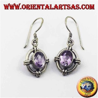 Fazierter Ovaler Amethyst 4 Knoten Ohrringe 925 Silber - Spiritueller Schmuck Nepal Oriental Art