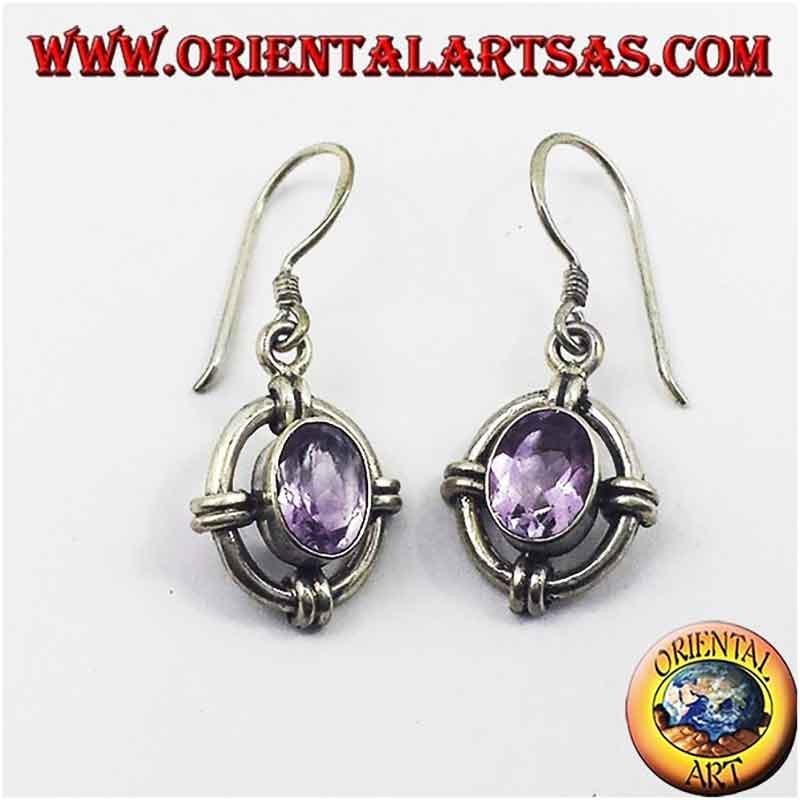 Faceted Oval Amethyst 4 Knots Ring Earrings 925 Silver - Spiritual Jewelry Nepal Oriental Art