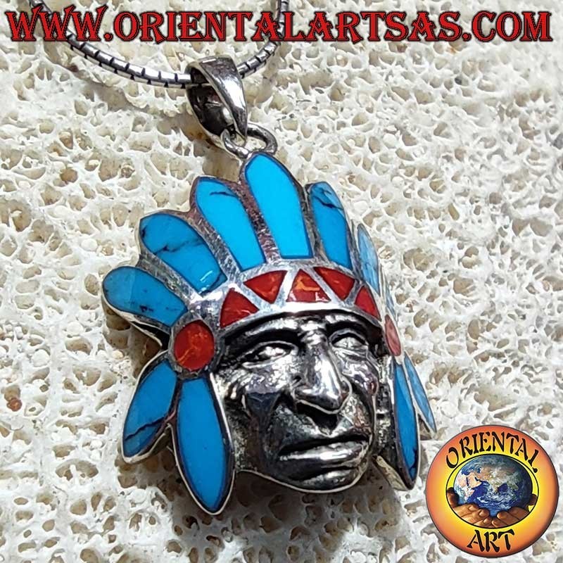 Pendentif Tête Indienne Coiffe Plumes Turquoise Corail Argent 925 - Bijou Western Oriental Art