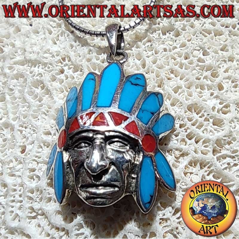 Ciondolo Nativo Americano Copricapo Turchesi Coralli Argento 925