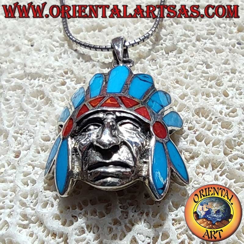 Indianerkopf Federhaube Türkis Koralle Anhänger 925 Silber | Oriental Art