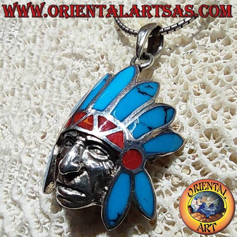 Pendentif Indien Coiffe Plumes Turquoise Corail Argent 925 | Oriental Art