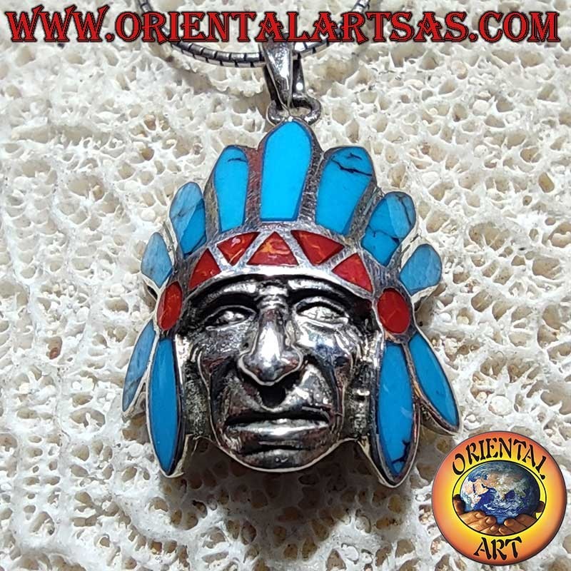 Pendentif Indien Coiffe Plumes Turquoise Corail Argent 925 | Oriental Art