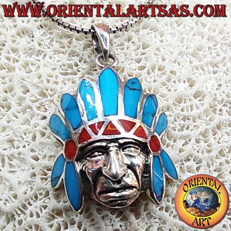 Pendentif Indien Coiffe Plumes Turquoise Corail Argent 925 | Oriental Art