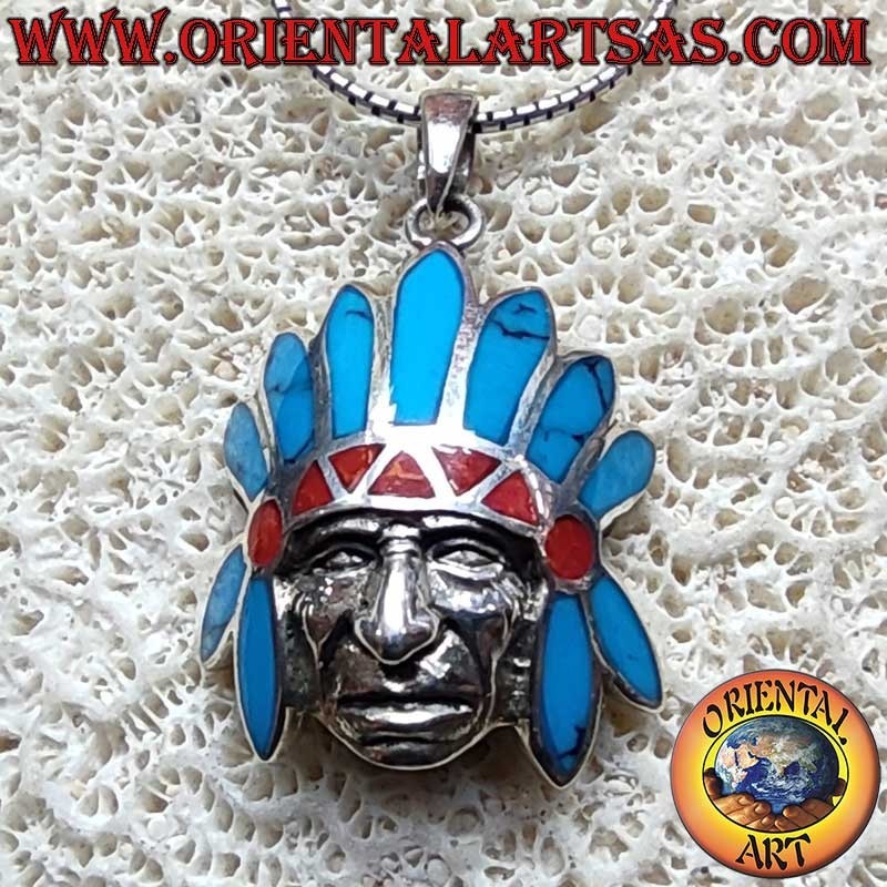 Pendentif Indien Coiffe Plumes Turquoise Corail Argent 925 | Oriental Art