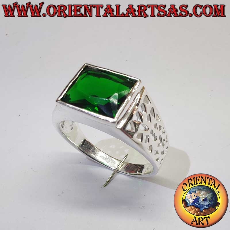 Herrenring Synthetischer Smaragd Geometrische Durchbrüche 925 Silber