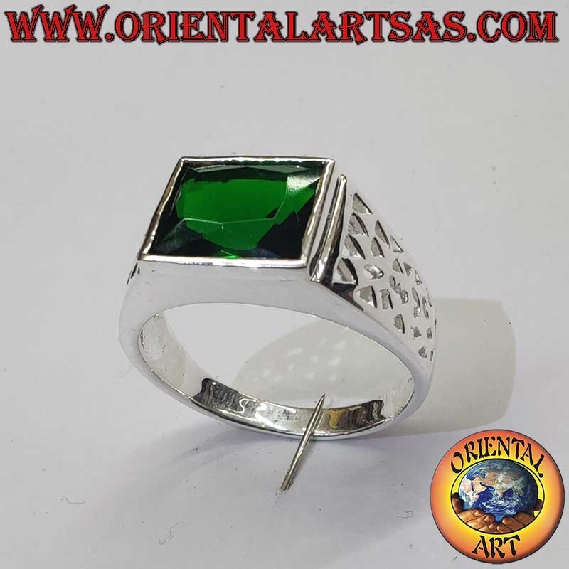 Anillo Hombre Esmeralda Sintética Calados Geométricos Plata 925 | Oriental Art