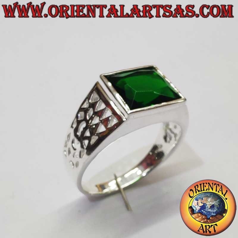 Men's Synthetic Emerald Geometric Openwork Ring 925 Silver | Oriental Art
