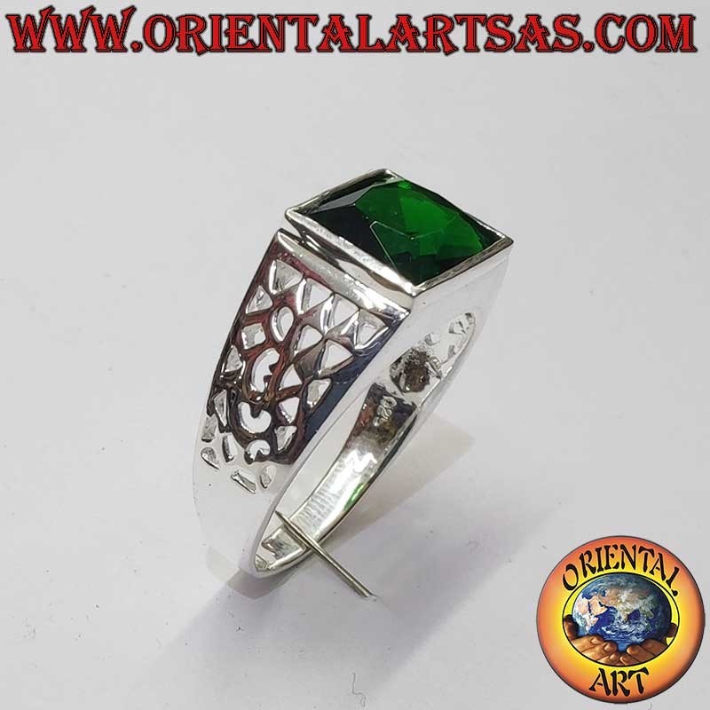 Anillo Hombre Esmeralda Sintética Calados Geométricos Plata 925 | Oriental Art