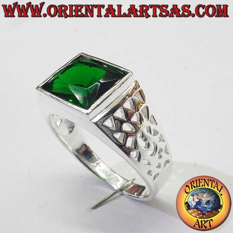Men's Synthetic Emerald Geometric Openwork Ring 925 Silver | Oriental Art