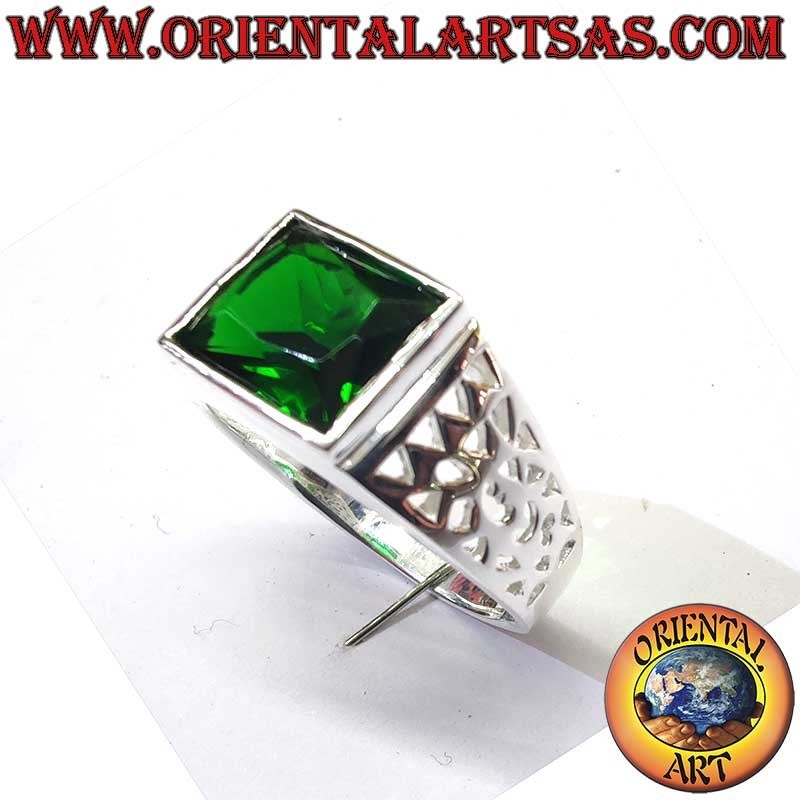 Anillo Hombre Esmeralda Sintética Calados Geométricos Plata 925 | Oriental Art