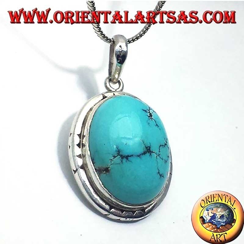 Ancient Tibetan Turquoise Pendant 925 Silver - Unique Piece Nepal Oriental Art