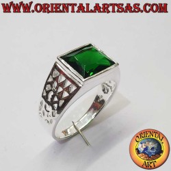 Men's 925 silver signet ring with a green synthetic emerald and architectural side cut-outs.