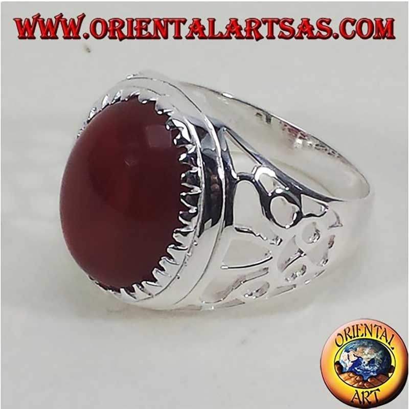 Anillo Hombre Cornalina Oval Triángulos Plata 925 14x16mm | Oriental Art