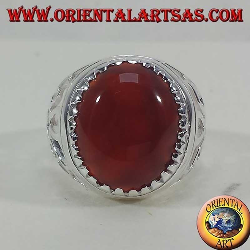 Herrenring Ovaler Karneol Dreiecke 925 Silber 14x16mm | Oriental Art