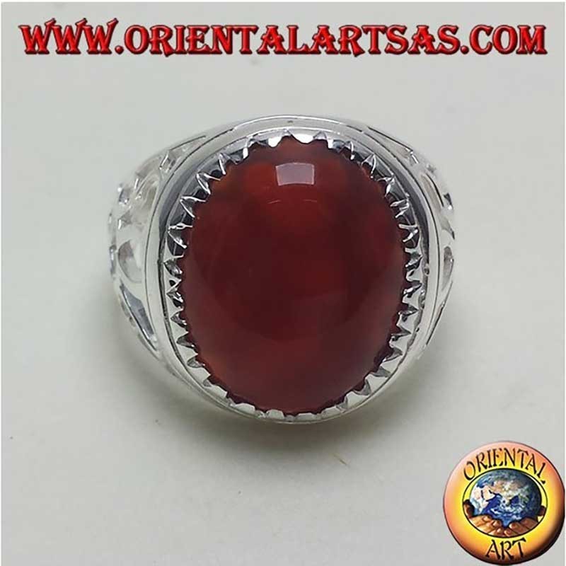 Men's Oval Carnelian Triangles Ring 925 Silver 14x16mm | Oriental Art