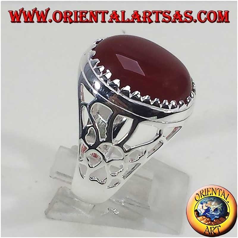 Men's 925 silver ring with a central carnelian gemstone and architectural triangle details.