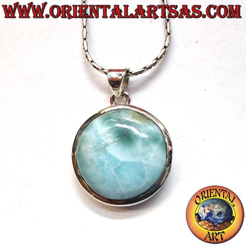 Circular 925 silver pendant featuring a large natural blue and white Larimar stone.