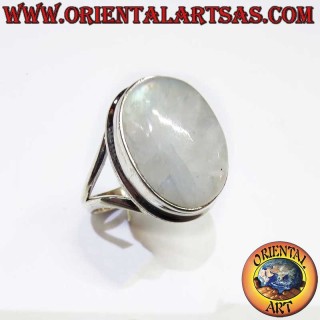 Bague Pierre de Lune Arc-en-Ciel Ovale Monture V Argent 925 - Bijou Magique Oriental Art