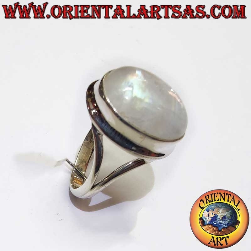Anello Pietra Luna Arcobaleno Ovale Montatura V Argento 925 13x16mm | Oriental Art