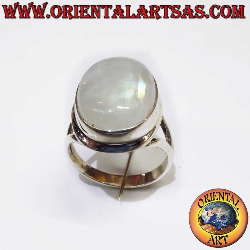 Bague Pierre Lune Arc-en-Ciel Ovale Monture V Argent 925 13x16mm | Oriental Art