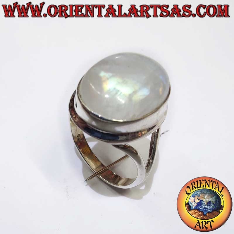 Bague Pierre Lune Arc-en-Ciel Ovale Monture V Argent 925 13x16mm | Oriental Art