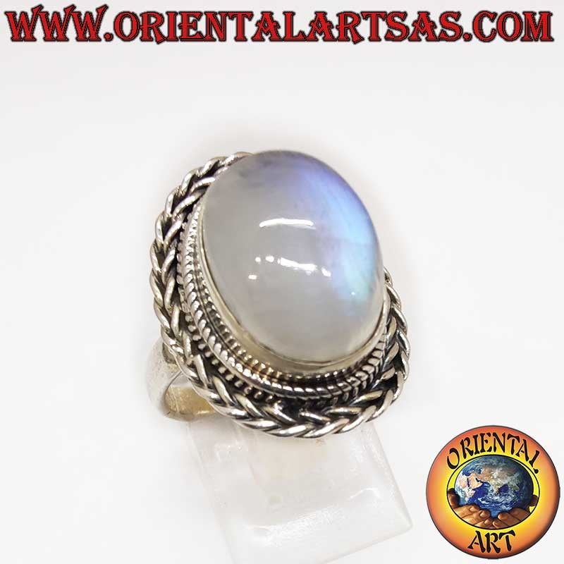 Anillo Piedra Luna Arcoíris Oval Trenzado Plata 925 - Joya Mágica Oriental Art