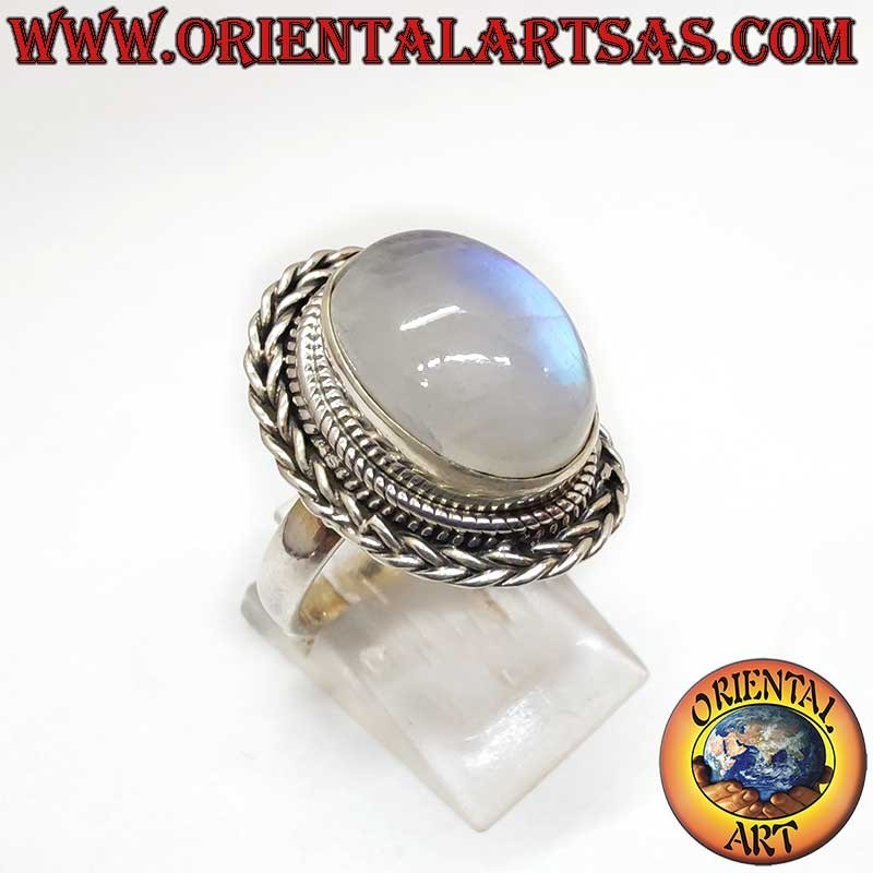 Anillo Piedra Luna Arcoíris Oval Trenzado Plata 925 12x16mm | Oriental Art