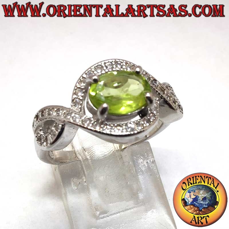 Natural Oval Peridot Infinity Knot Zircons Ring 925 Silver - High Jewelry Oriental Art