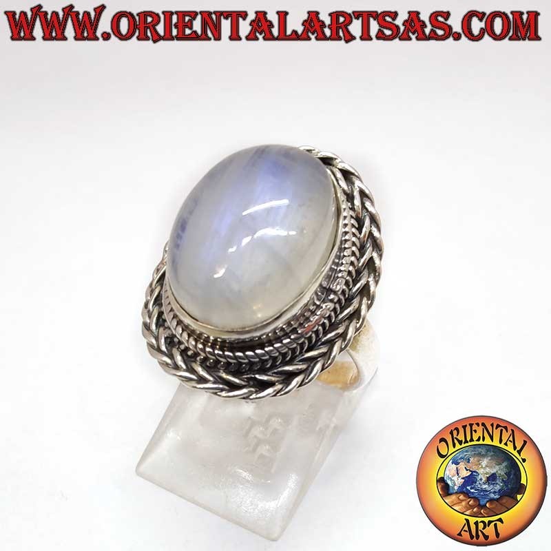 Ovaler Regenbogen-Mondstein Geflochtener Ring 925 Silber 12x16mm | Oriental Art