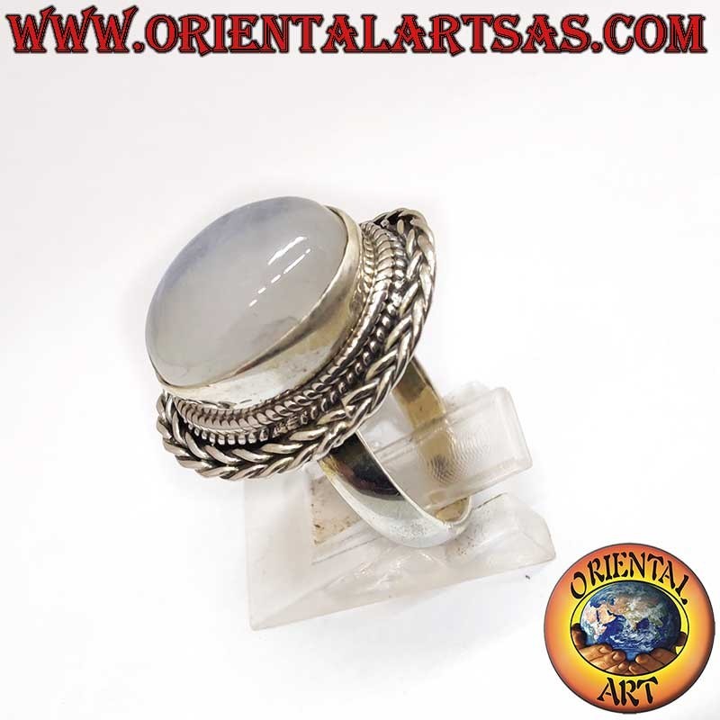 Bague Pierre Lune Arc-en-Ciel Ovale Tressée Argent 925 12x16mm | Oriental Art