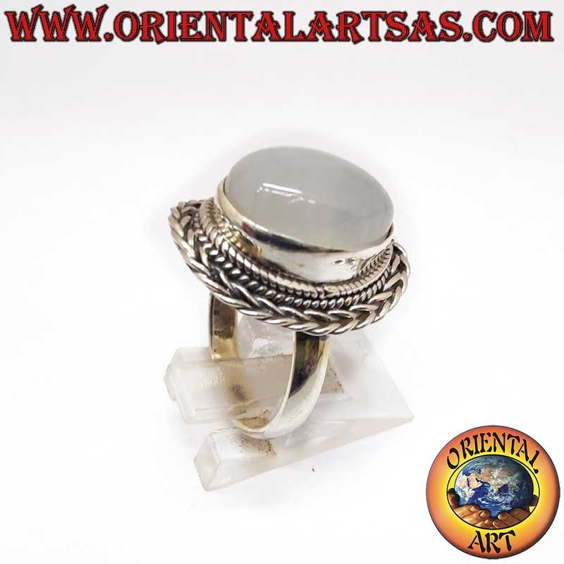 Anello Pietra Luna Arcobaleno Treccia Argento 925 12x16mm | Oriental Art
