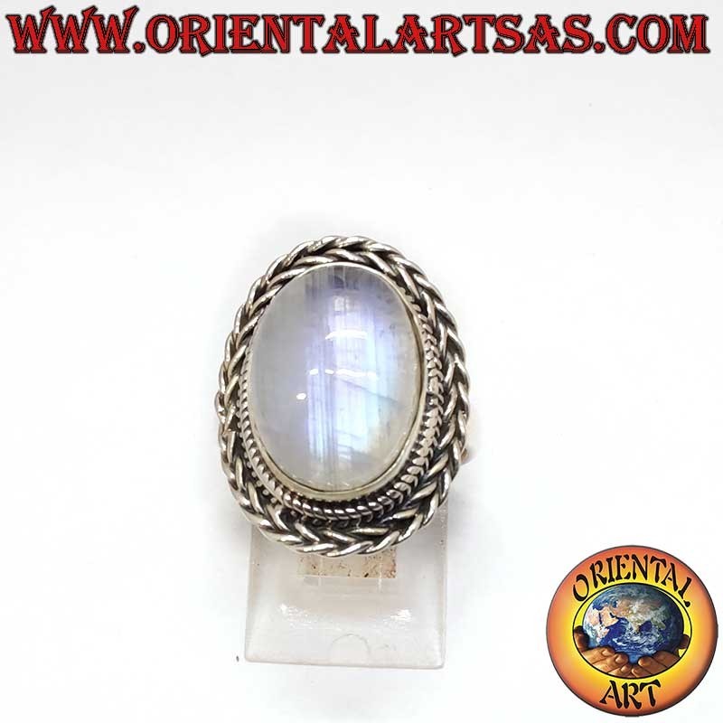 Anello Pietra Luna Arcobaleno Treccia Argento 925 12x16mm | Oriental Art