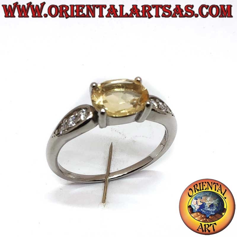Natural Oval Topaz Diagonal Set Side Zircons Ring 925 Silver Rhodium | Oriental Art