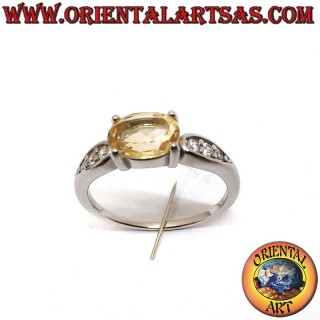 Bague Topaze Naturelle Ovale Set Diagonale Zircons Argent 925 Rhodié - Bijou Élégant Oriental Art