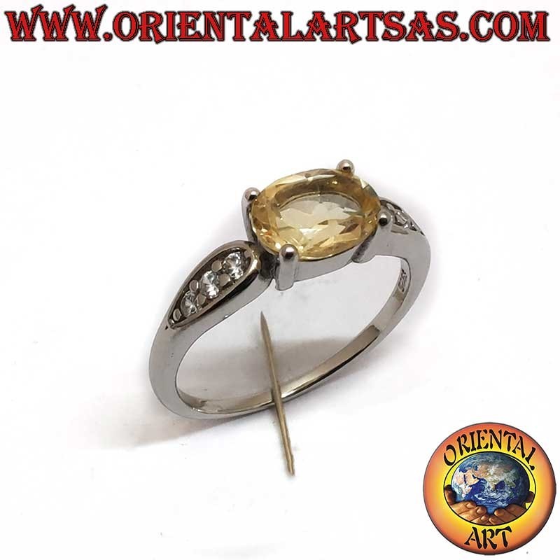 Natural Oval Topaz Diagonal Set Side Zircons Ring 925 Silver Rhodium | Oriental Art