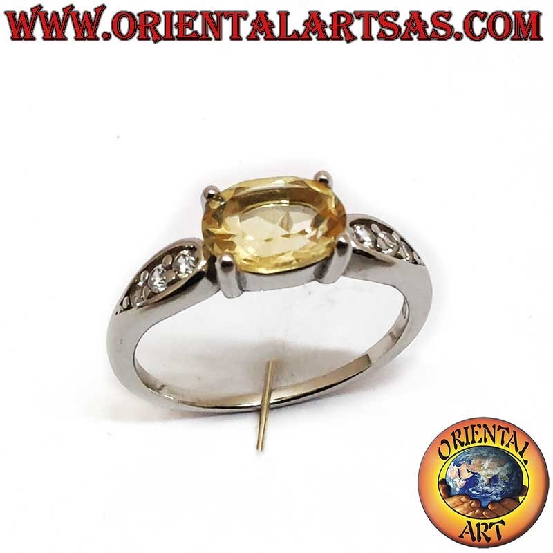 Anello Topazio Naturale Ovale Traverso Zirconi Argento 925 Rodiato