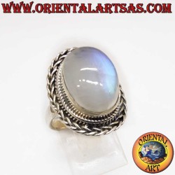 Ovaler Regenbogen-Mondstein Geflochtener Ring 925 Silber - Magischer Schmuck Oriental Art
