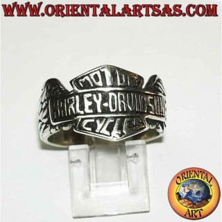 Solid 925‰ silver ring – Harley Davidson logo with side wings in high relief – Height 15 mm – Weight 8.6 grams