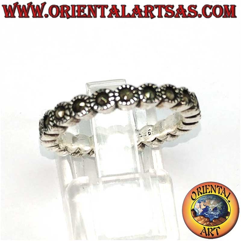 Anello a fedina in argento massiccio 925‰ – Marcasite incastonate singolarmente a mano – Larghezza fascia 3 mm