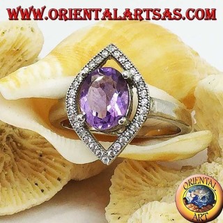 Massiver 925‰ Silberring – Natürlicher ovaler violetter Amethyst – Navettenfassung mit gefassten Zirkonen